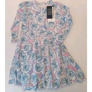 Chaser Skater Full Skirt Jersey Dress Long Sleeve Sz 6 NWT Pink White Roses